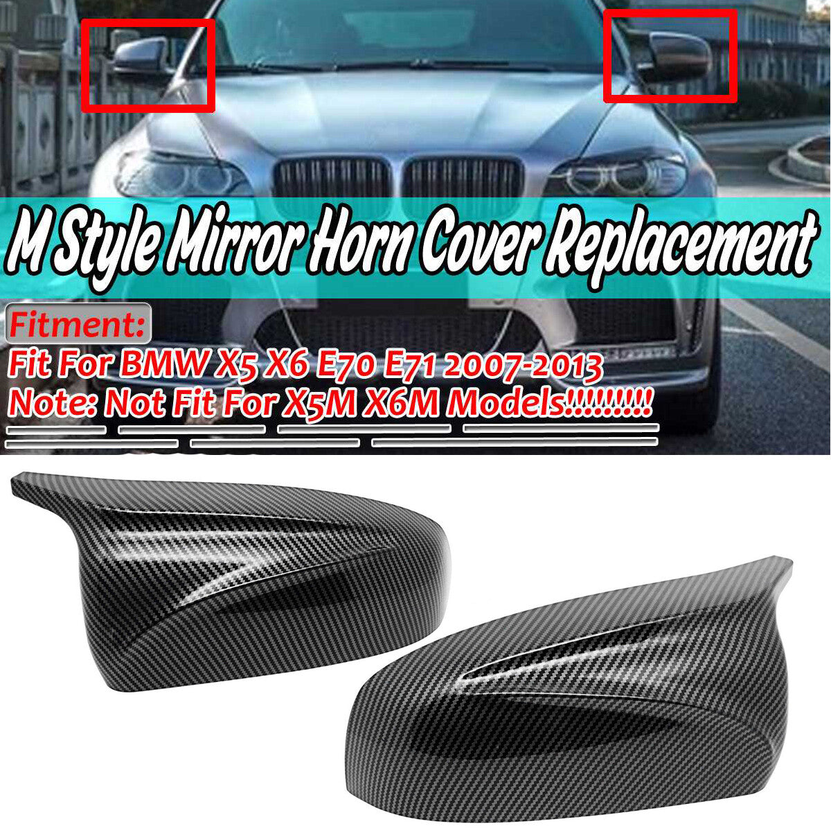 M-type carbon fiber rearview mirror covers are suitable for BMW X5, X6, E70, and E71. (07-13)