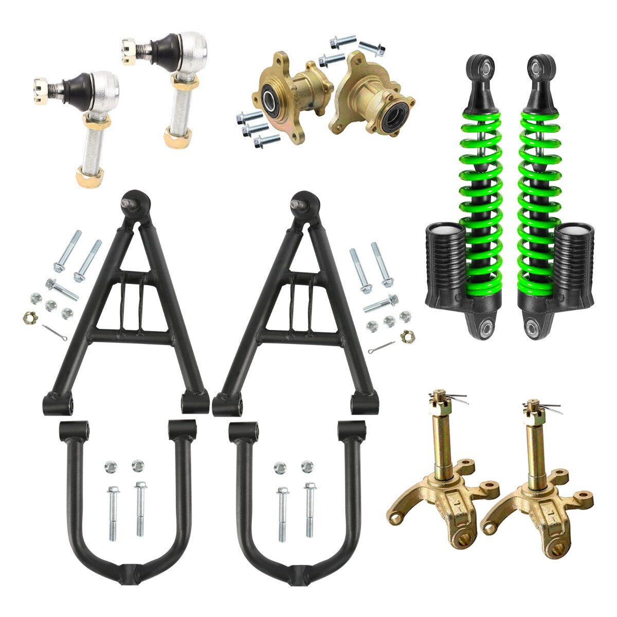 Front suspension rocker arm and upper control arm kit for four-wheeled bicycles and go-karts