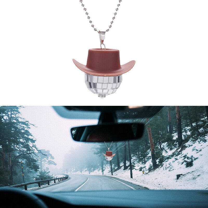 Cowboy Hat Disco Ball Car Ornamen Shiny Rear View Mirror Hanging Acessory Brown