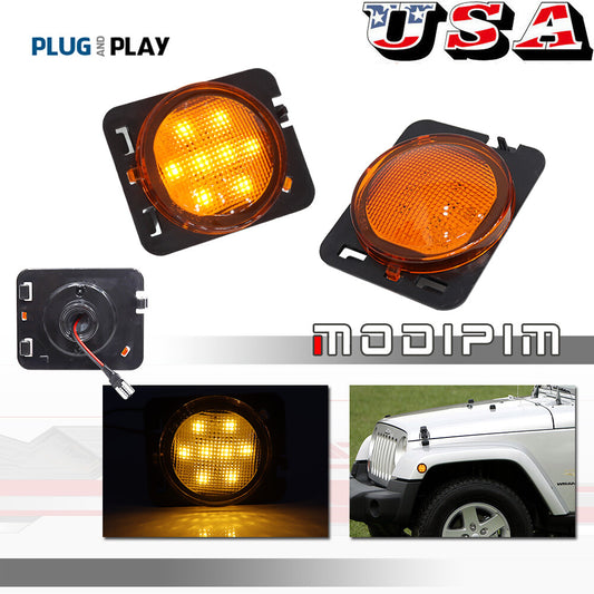A pair of amber LED side marker lights for front fenders, suitable for 2007-2018 for Jeep for Wrangler JK